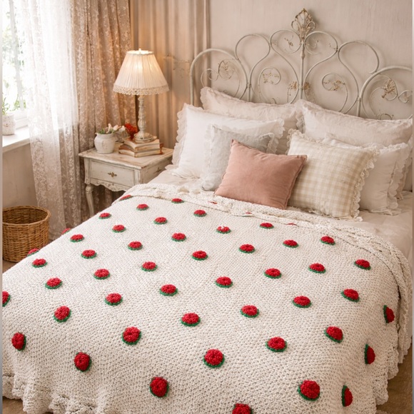 Other - Bohemian King Size Granny Square Crochet Blanket with Red Rose Flower Accents